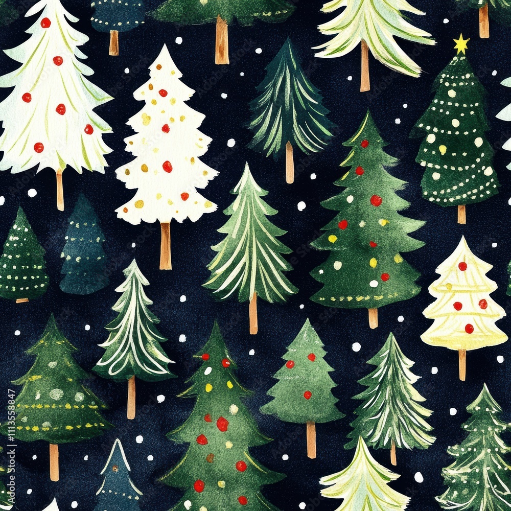 Obraz premium Festive watercolor pattern featuring various Christmas trees on a dark background.