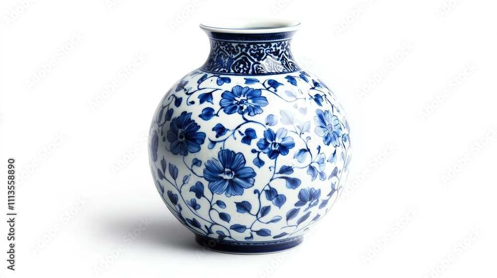 A decorative blue and white porcelain vase with floral patterns. A decorative blue and white porcelain vase with floral patterns.