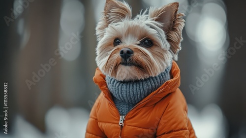 Cute small dog wearing orange jacket in winter forest during sunset