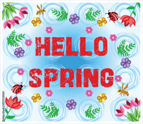 Hello Spring Floral card design with Ladybugs and Bees. Flat vector modern illustration 