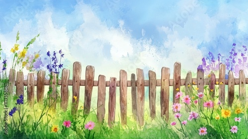 Vibrant flowers bloom near a rustic wooden fence under a clear blue sky