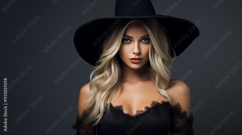 Beautiful blonde woman in a black witch costume with lace accents and a wide-brimmed hat. A bold gaze and soft curls enhance her mysterious allure Beautiful blonde woman in a black witch costume with lace accents and a wide-brimmed hat. A bold gaze and soft curls enhance her mysterious allure