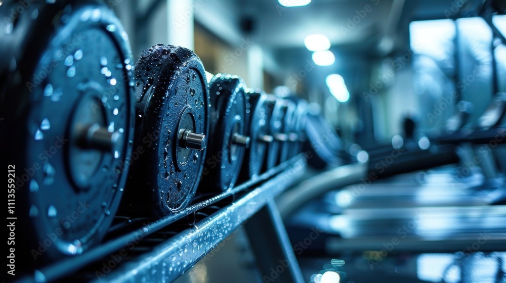 Fototapeta premium Sweaty Gym Equipment: Equipment at the gym glistens with sweat, leaving handprints and body marks on the surfaces after a vigorous workout session. 