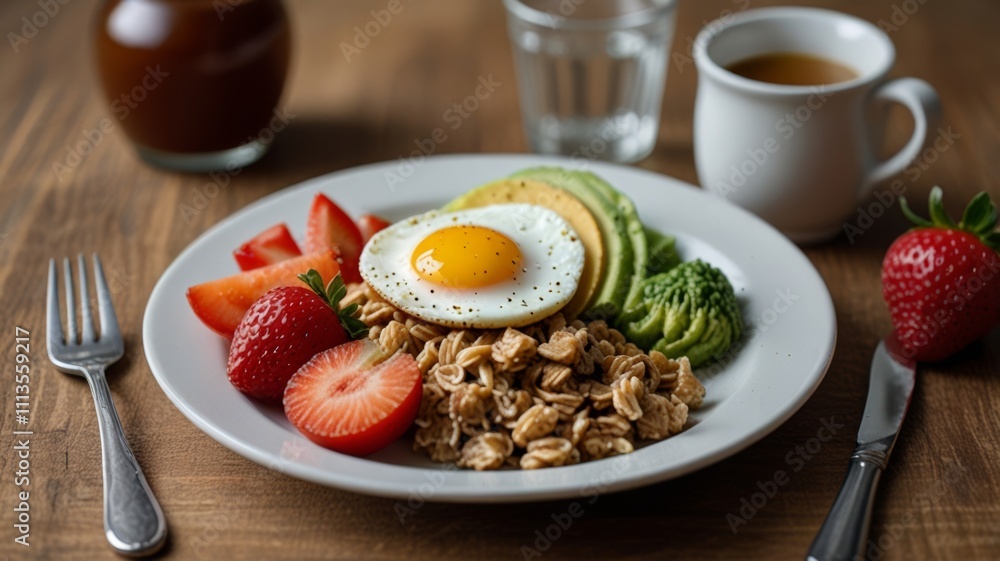 A nutritious breakfast plate features a sunny-side-up egg, fresh fruit, oats, and avocado, beautifully arranged to ignite morning energy with colorful ingredients A nutritious breakfast plate features a sunny-side-up egg, fresh fruit, oats, and avocado, beautifully arranged to ignite morning energy with colorful ingredients