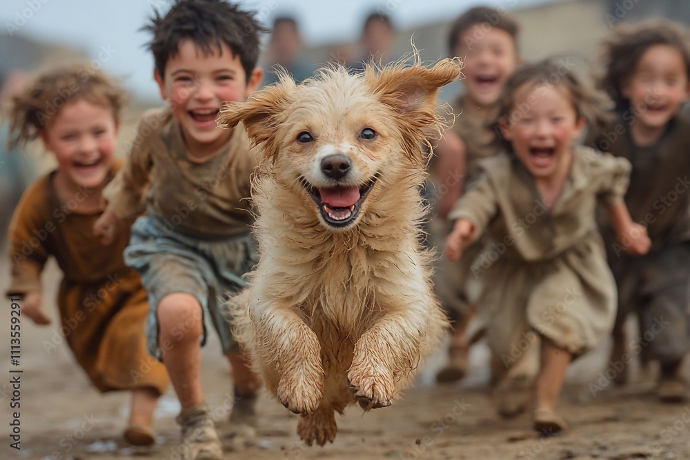 children playing with a dog, running after a dog children playing with a dog, running after a dog