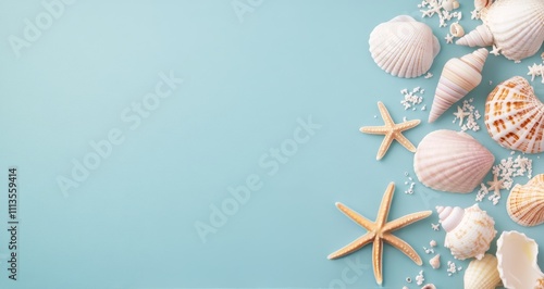 Collection of seashells and starfish arranged on a light blue background for ...