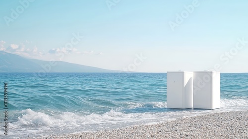 A serene coastal scene featuring ocean wave energy converters, capturing the dynamic movement of water and the environmental benefits of harnessing marine power. The depth of field emphasizes the