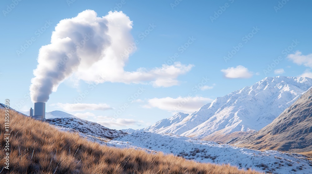 An innovative geothermal energy plant integrated into a mountainous landscape, with steam rising from the ground and contrasting against the rugged terrain. This imagery showcases forward-thinking An innovative geothermal energy plant integrated into a mountainous landscape, with steam rising from the ground and contrasting against the rugged terrain. This imagery showcases forward-thinking