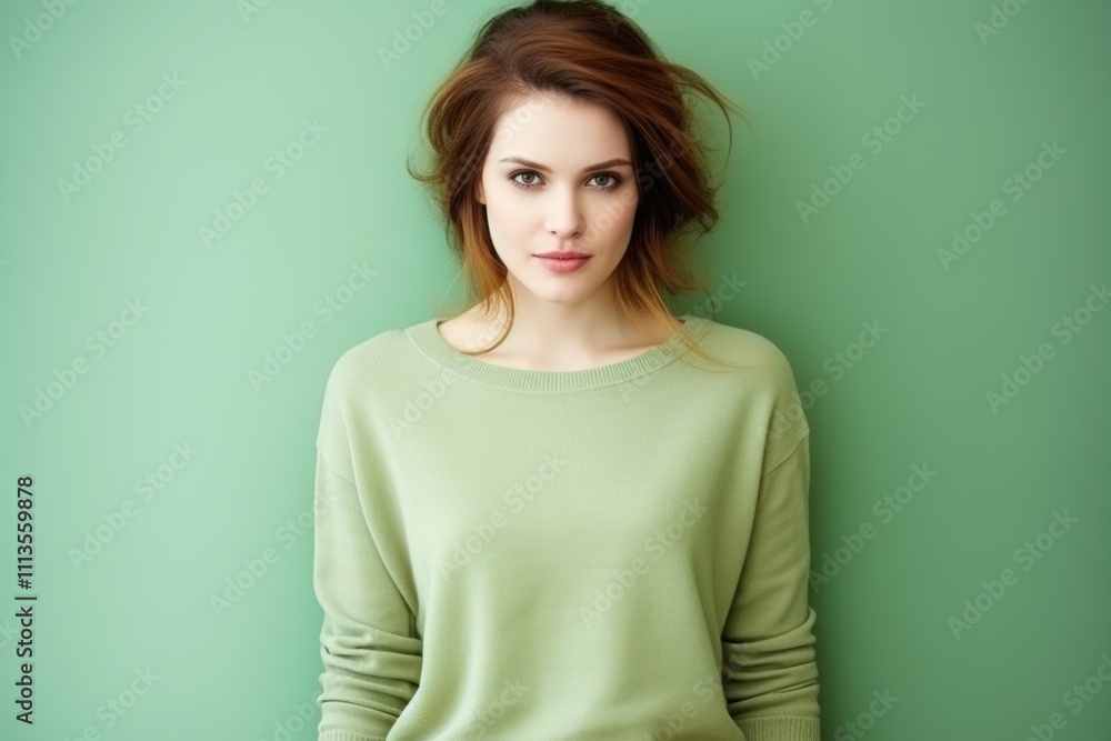 Obraz premium A woman is wearing a green sweater and standing in front of a green wall
