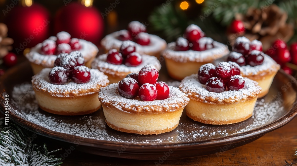 Festive mini tarts dusted with powdered sugar, topped with cranberries Festive mini tarts dusted with powdered sugar, topped with cranberries