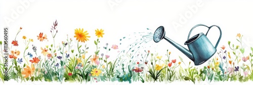 Watering flowers in a vibrant garden full of wild blooms and colors