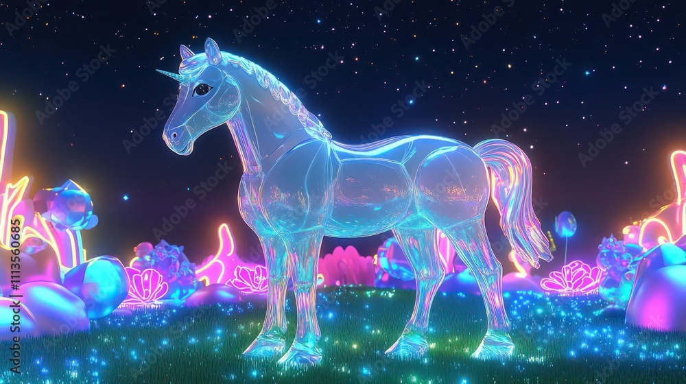 3D animated cartoon horse made of glassy translucent materials standing on glowing artificial grass, with a starry night sky and glowing neon elements in the background. 3D animated cartoon horse made of glassy translucent materials standing on glowing artificial grass, with a starry night sky and glowing neon elements in the background.