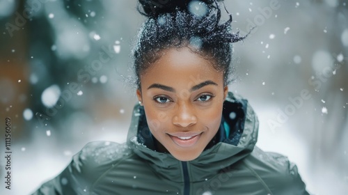 Smiling woman enjoying a snowy running trail in a forest during winter mornin...