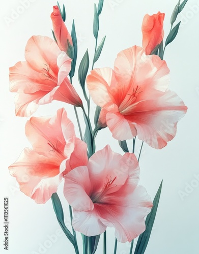 Beautiful pastel gladiolus flowers arranged elegantly against a light background