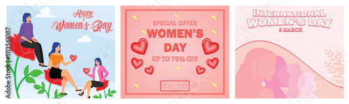 Three multiracial women sitting on flowers. Design includes red heart symbols on a pink background. Women stand side by side together. Set flat vector modern illustration 