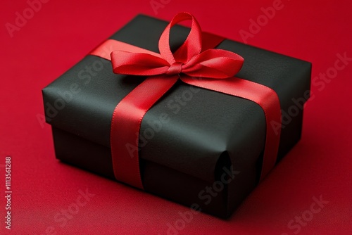 Elegant black gift box with red ribbon on vibrant red background