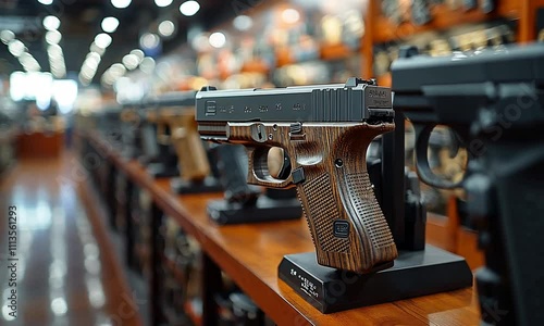 A handgun displayed prominently in a well-lit gun shop, showcasing its design and craftsmanship.
