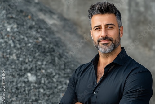 Confident man with beard poses against solid dark background in casual attire