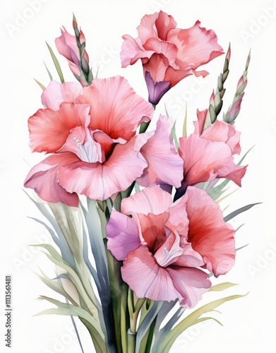 Beautiful pink gladiolus flowers in vibrant bloom captured in a delicate wate...