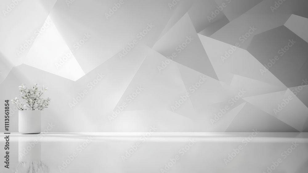 Abstract White Background Featuring Polygonal Geometric Shapes with Subtle Shadows and a Fresh Green Plant in a Pot for Modern Design Themes