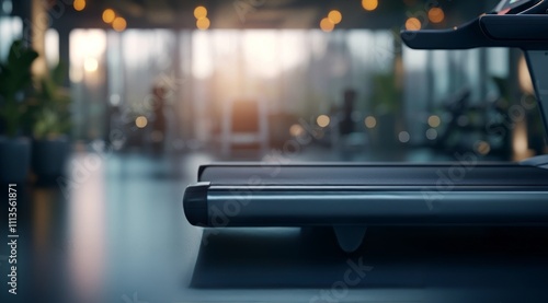 View of an empty treadmill in a modern gym with neon lighting at night