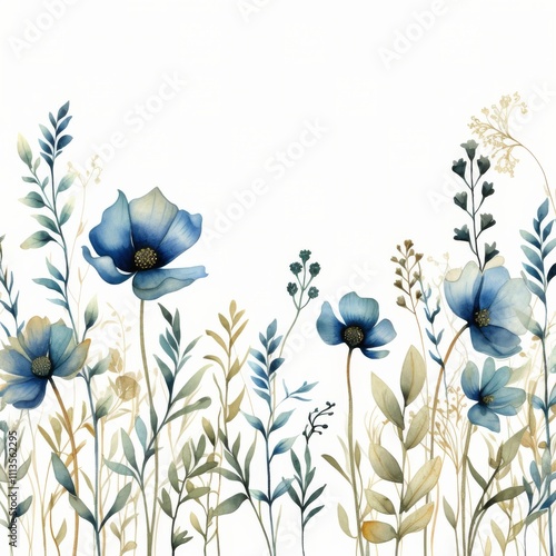 Beautiful watercolor floral arrangement featuring blue blooms and greenery in...