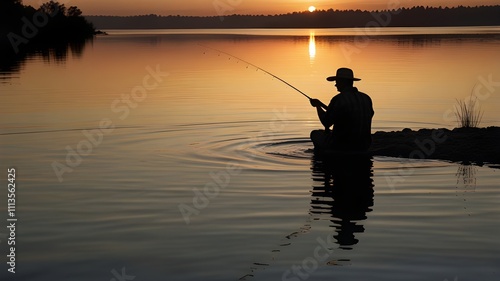 A silhouette of a person fishing on a calm lake at sunset, their fishing rod bending slightly