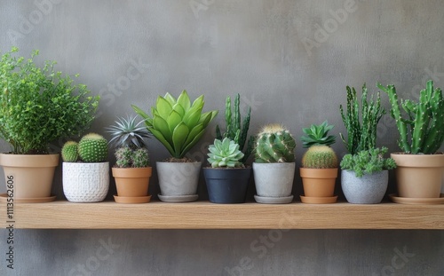 Collection of assorted potted plants on wooden shelf against textured background