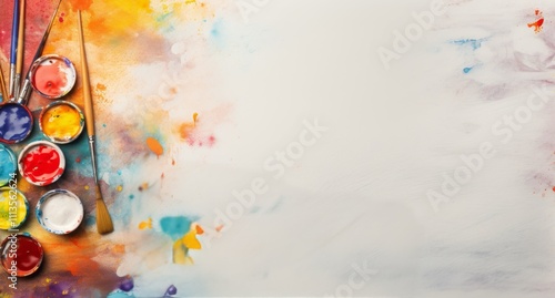 Colorful watercolor paints and brushes arranged on a vibrant artistic background
