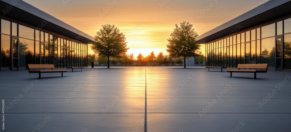 Sunset view at modern architecture with benches and trees in a tranquil setting Sunset view at modern architecture with benches and trees in a tranquil setting