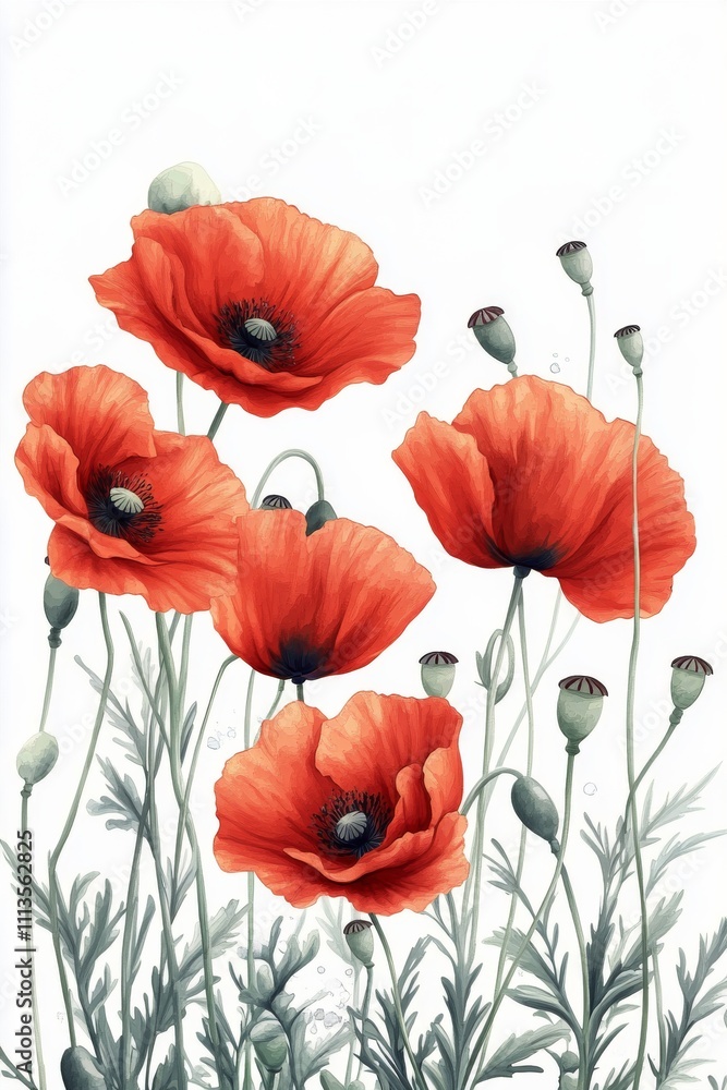 Fototapeta premium Vibrant red poppies blooming with graceful green leaves in a natural setting