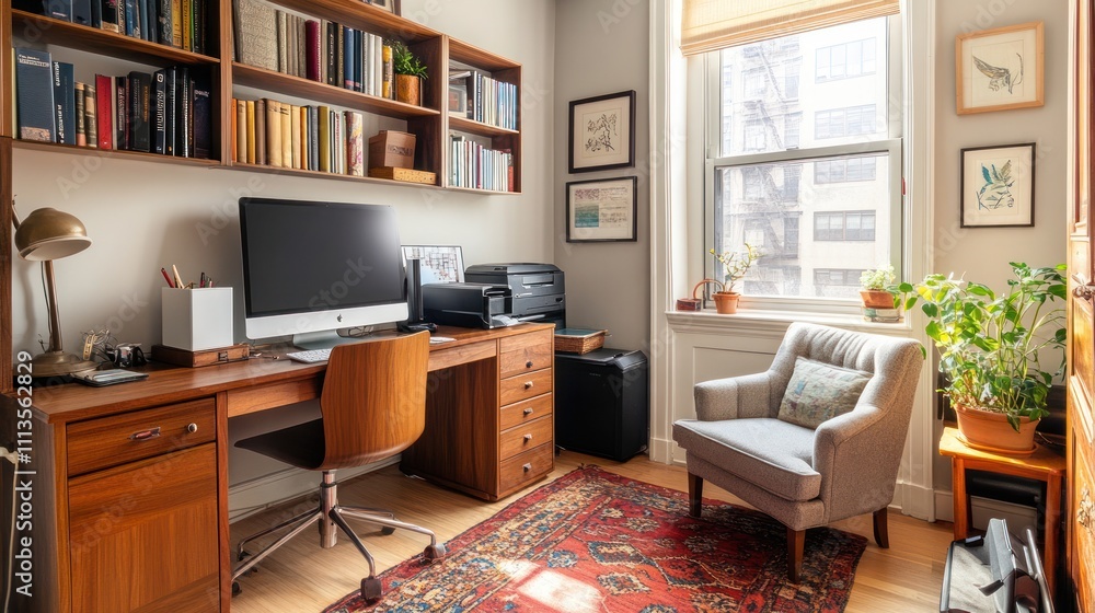 Fototapeta premium Woman Home Office in Small Spaces maximizing comfort and efficiency in compact setups