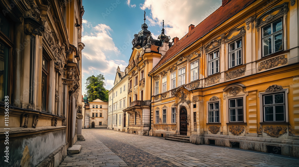 Fototapeta premium Timeless Stroll: Baroque Elegance on a European Cobblestone Street