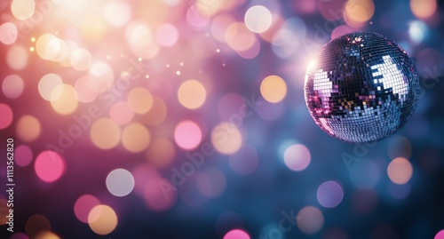 Colorful disco ball sparkles against a dreamy bokeh background during a festi...