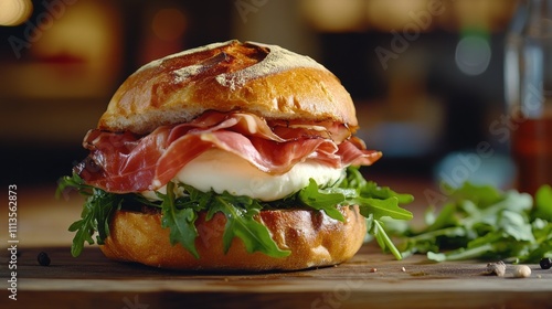 Delicious sandwich with fresh mozzarella, prosciutto, and arugula on rustic b...