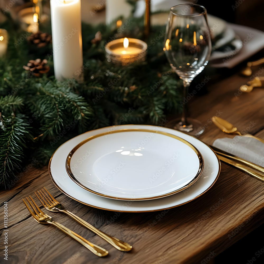 A beautifully set dining table with elegant plates and candles for a festive occasion. A beautifully set dining table with elegant plates and candles for a festive occasion.