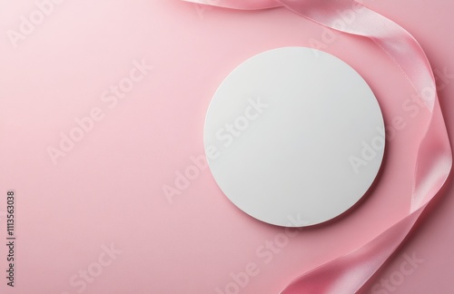 Plain white circular card placed on a pink background with decorative ribbon