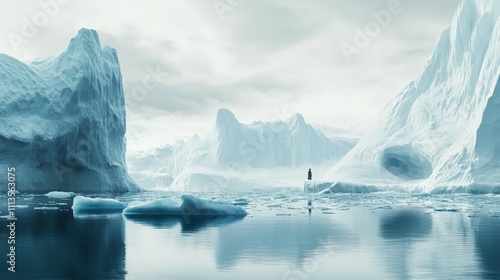 Majestic icebergs reflect on tranquil water during a foggy Arctic dawn