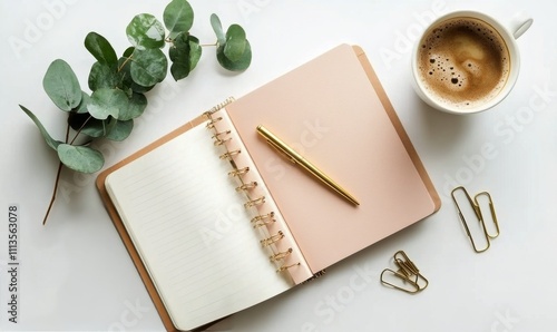 Elegant workspace setup with notebook, pen, coffee, and greenery on a clean s...