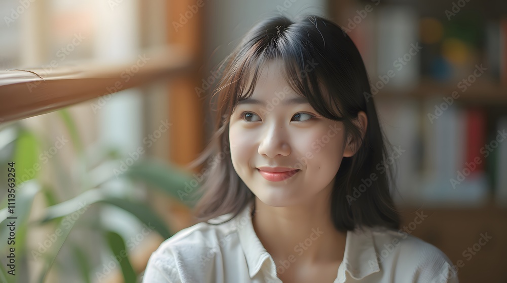 Portrait of a Smiling Korean Girl in a Bright Cozy Room Portrait of a Smiling Korean Girl in a Bright Cozy Room