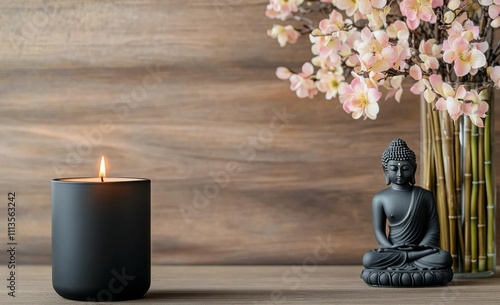 Decorative arrangement of candle, flowers, and Buddha figure on wooden table