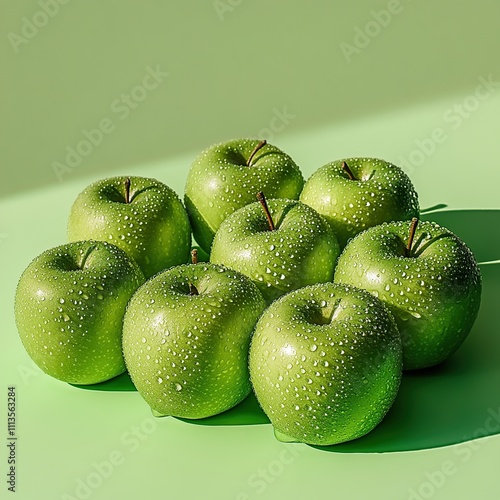 Eight green apples with water droplets on a green background. photo