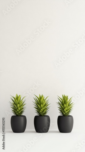 Three green plants in modern black pots arranged on a light background for de...