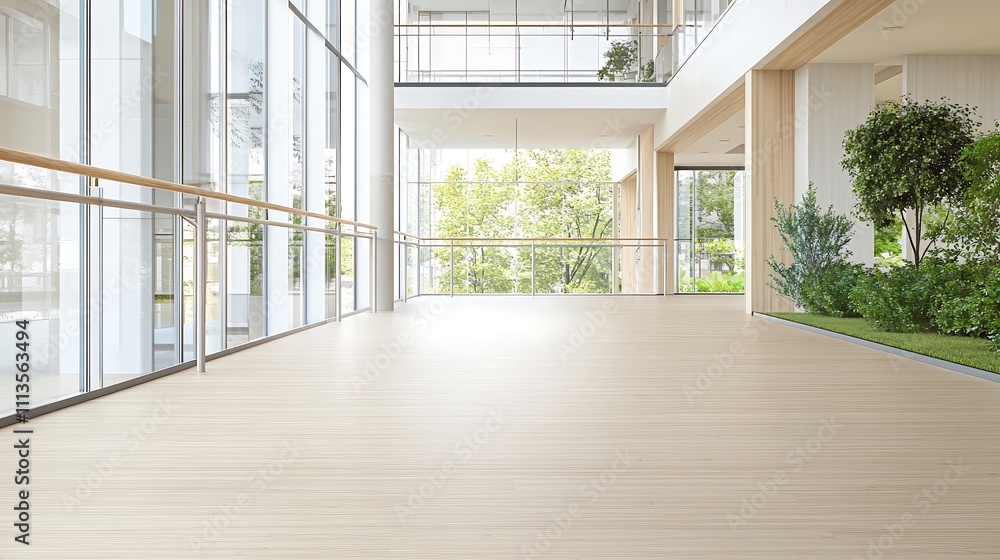 Fototapeta premium A modern interior space filled with natural light, showcasing bamboo flooring and large windows that open to a green balcony. The stylish design emphasizes sustainable materials while providing a