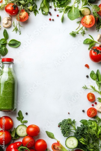 Fresh green juice surrounded by a variety of colorful vegetables and greens i...