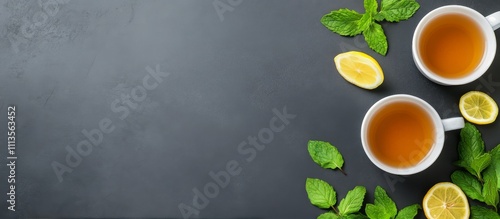 Refreshing herbal tea served with lemon and mint on a dark wooden surface