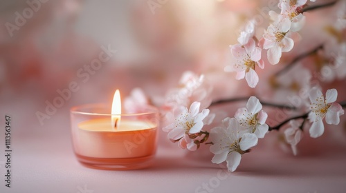 Delicate candle surrounded by blooming spring flowers on soft pink background