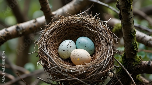 Close-up of a bird's nest nestled among tree branches with eggs inside