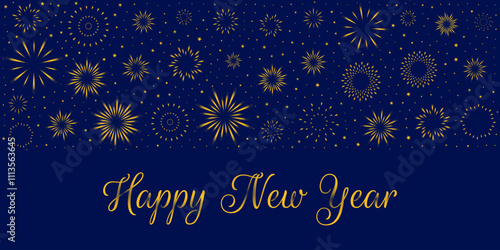 Celebrate 2025 with an abstract design featuring golden fireworks and shimmering gradient numbers. Set against a dark blue background, this elegant composition radiates festive joy and sophistication.