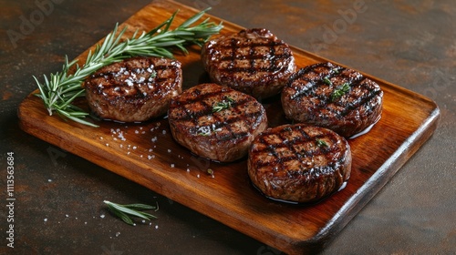 Grilled beef steaks arranged on a wooden platter with herbs and seasoning